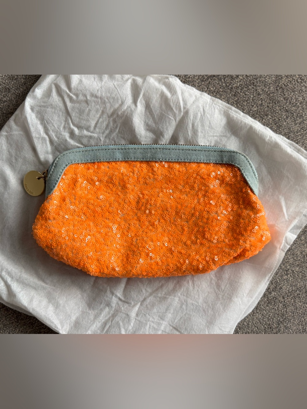 Deux Lux Sequin Orange Clutch w Denim Trim